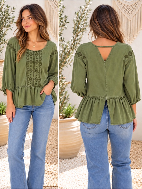 Ariat Tops - Ariat Olive Embroidered Peplum Women's Top Size Medium